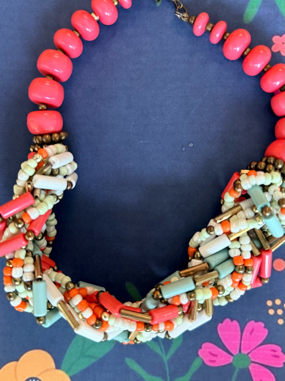 Handcrafted Multicolor Beaded Statement Necklace - Coral & Mint